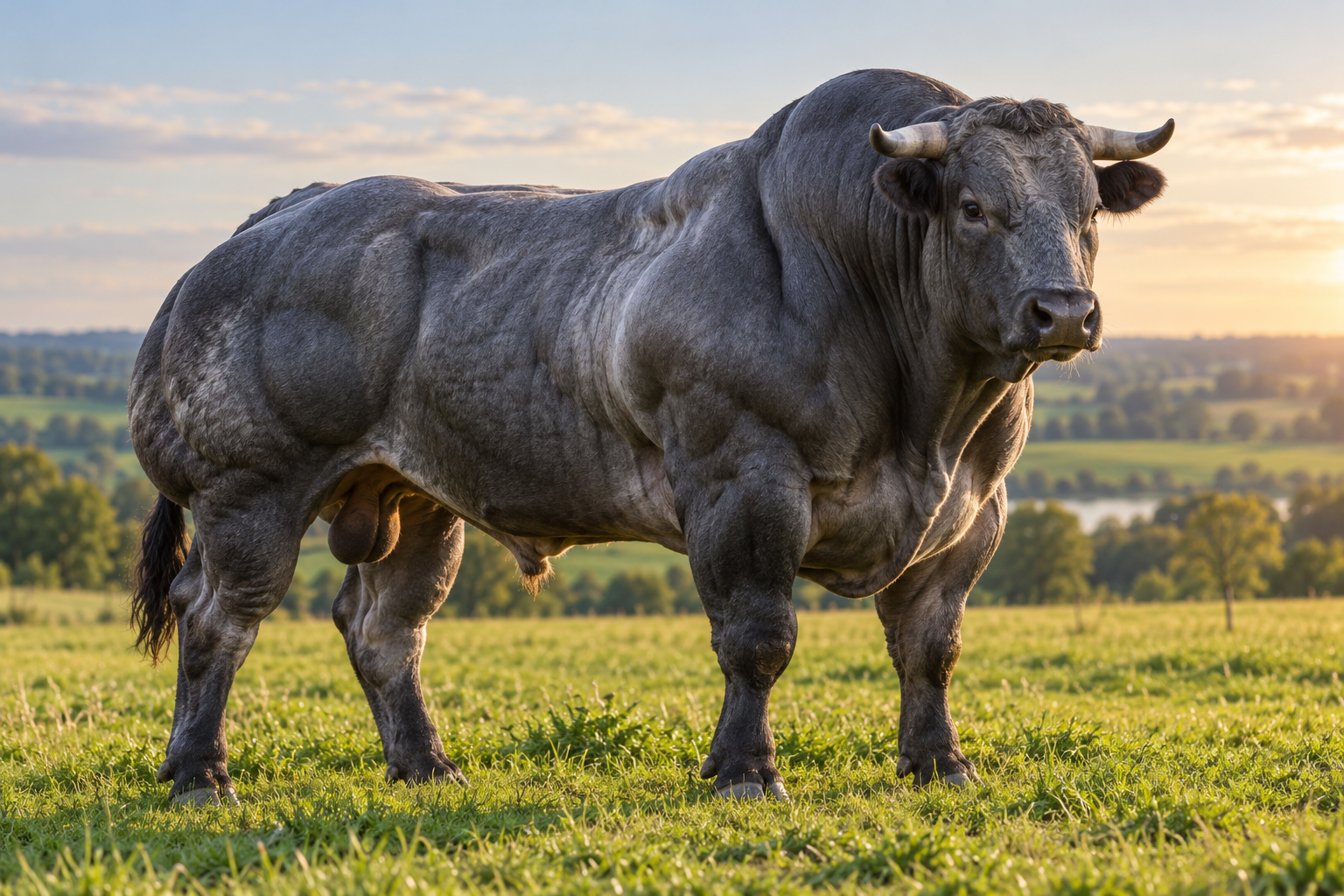 Exceptionally muscular gray bull standing in a green pasture
